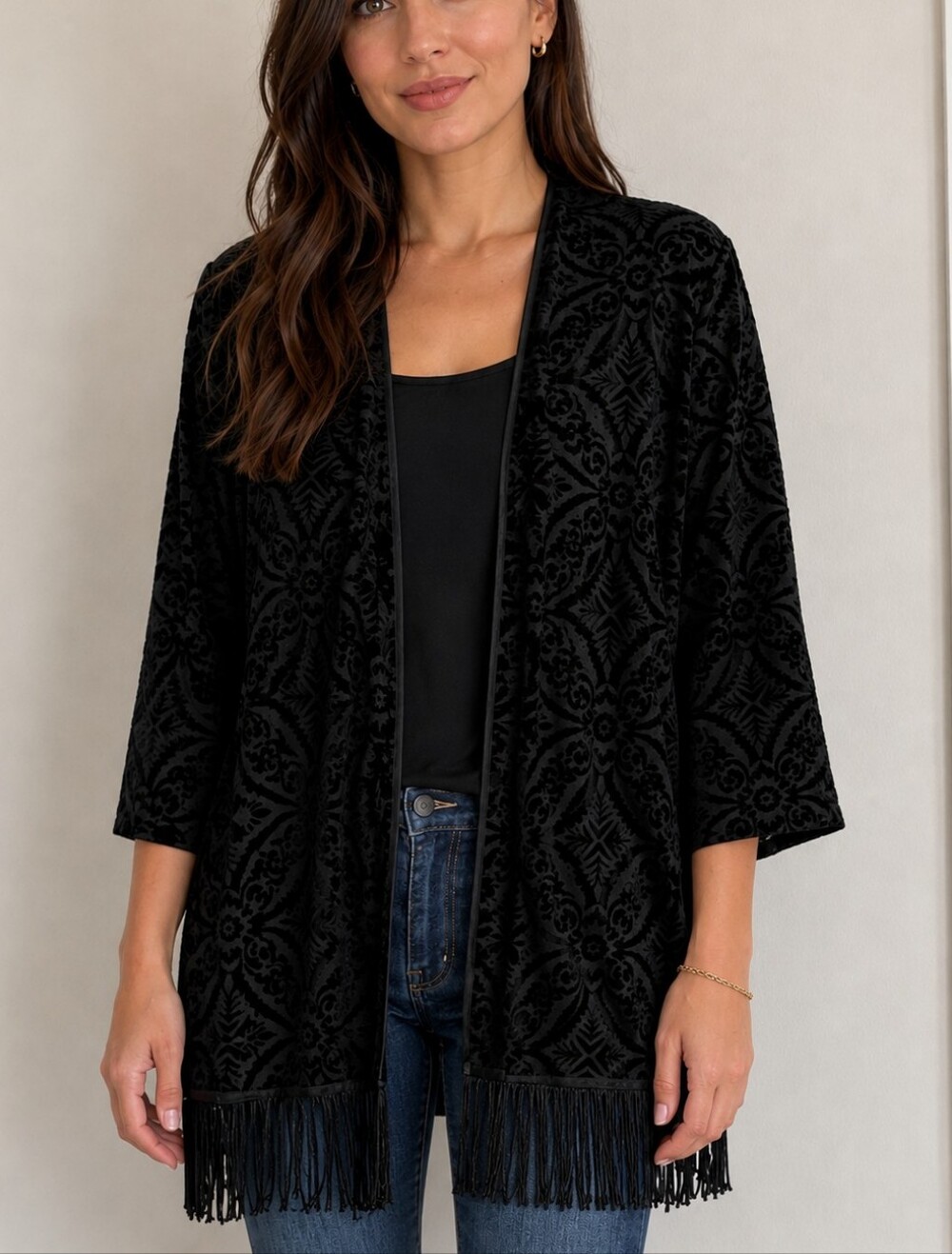 💙 Warehouse One -  Black Velvet Burnout Open Cardigan with Fringe
